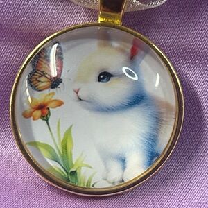 Kids Gold Bunny  inch  Pendant Necklace in White with Butterfly Design
